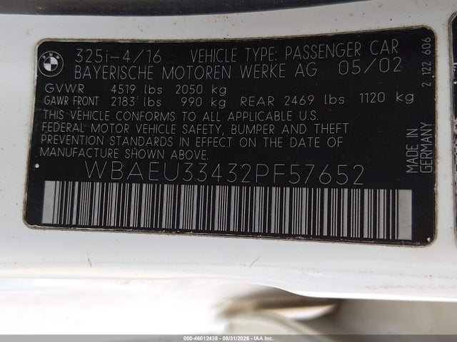 Продажа на аукционе авто 2002 Bmw 325xi, vin: WBAEU33432PF57652, номер лота: 46012438