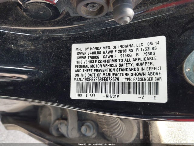 46012441 :رقم المزاد ، 19XFB2F58EE072629 vin ، 2014 Honda Civic Lx مزاد بيع
