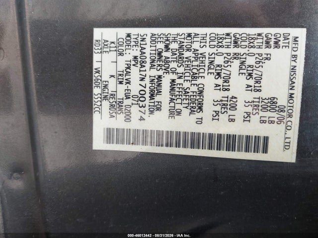 46012442 :رقم المزاد ، 5N1AA08A17N700374 vin ، 2007 Nissan Armada Le مزاد بيع