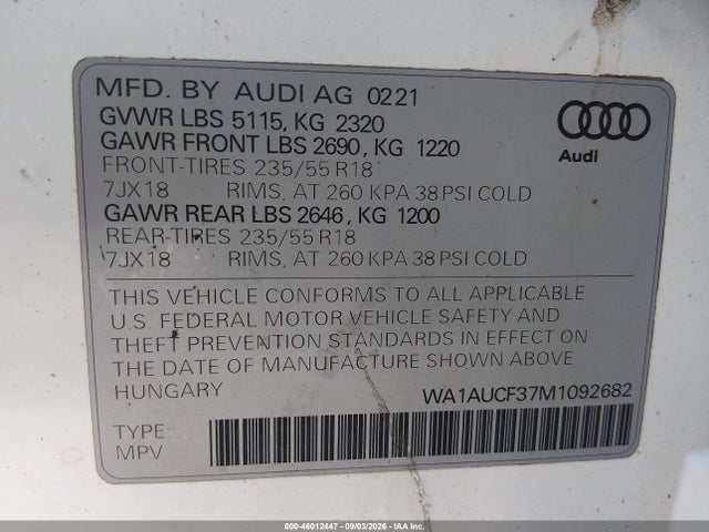 Продажа на аукционе авто 2021 Audi Q3 Premium 40 Tfsi Quattro Tiptronic, vin: WA1AUCF37M1092682, номер лота: 46012447