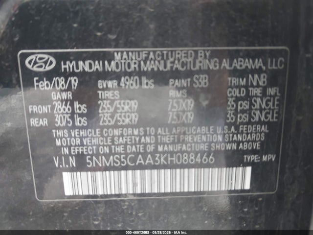 2019 Hyundai Santa Fe Ultimate 2.0t მანქანა იყიდება აუქციონზე, vin: 5NMS5CAA3KH088466, აუქციონის ნომერი: 46012462