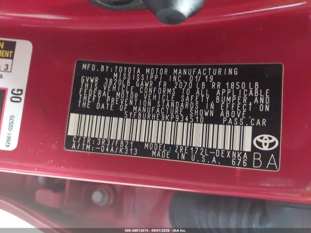 Aukcja sprzedaży 2019 Toyota Corolla Le, vin: 5YFBURHE9KP934510, numer aukcji: 46012474