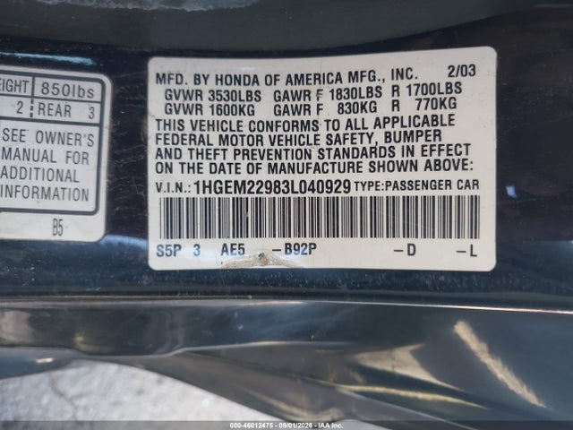 46012475 :رقم المزاد ، 1HGEM22983L040929 vin ، 2003 Honda Civic Ex مزاد بيع