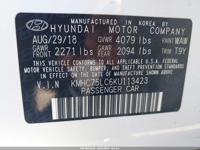 46012482 :رقم المزاد ، KMHC75LC6KU113423 vin ، 2019 Hyundai Ioniq Hybrid Sel مزاد بيع