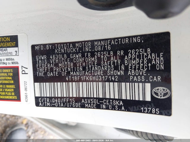 46012483 :رقم المزاد ، 4T1BF1FK6HU317142 vin ، 2017 Toyota Camry Se مزاد بيع
