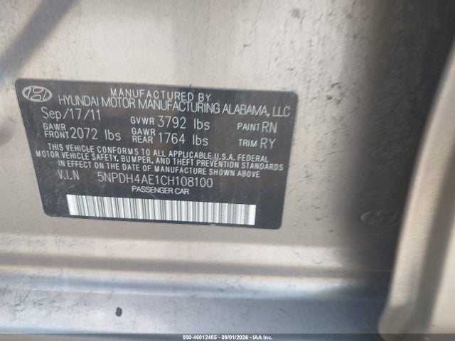Продажа на аукционе авто 2012 Hyundai Elantra Limited, vin: 5NPDH4AE1CH108100, номер лота: 46012485