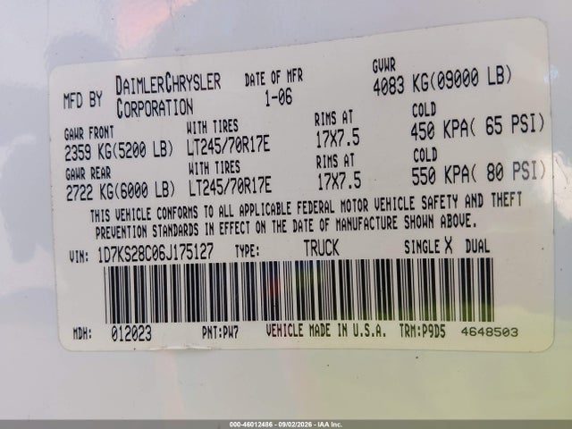 Aukcja sprzedaży 2006 Dodge Ram 2500 St, vin: 1D7KS28C06J175127, numer aukcji: 46012486