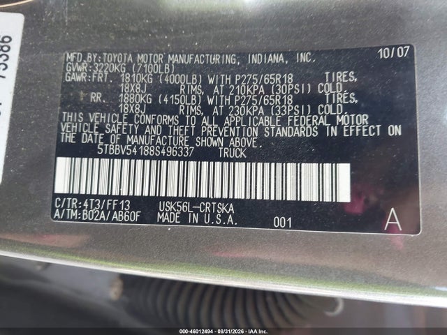 Aukcja sprzedaży 2008 Toyota Tundra Sr5 5.7l V8, vin: 5TBBV54188S496337, numer aukcji: 46012494