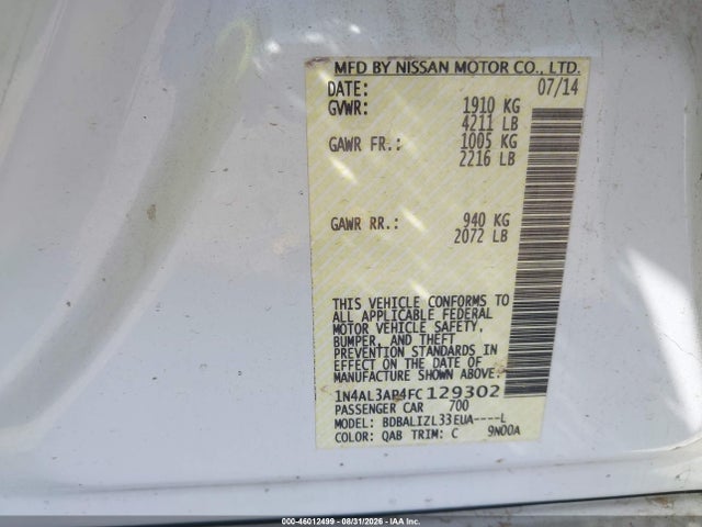 Продажа на аукционе авто 2015 Nissan Altima 2.5 Sv, vin: 1N4AL3AP4FC129302, номер лота: 46012499