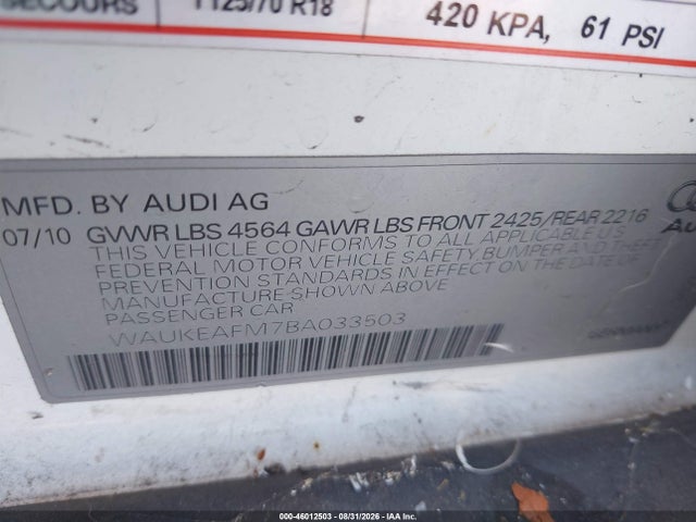 46012503 :رقم المزاد ، WAUKEAFM7BA033503 vin ، 2011 Audi A3 2.0t Premium مزاد بيع