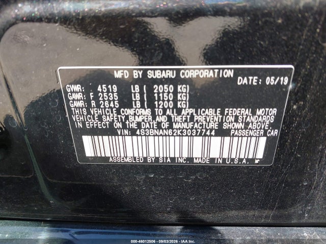 Aukcja sprzedaży 2019 Subaru Legacy 2.5i Limited, vin: 4S3BNAN62K3037744, numer aukcji: 46012506