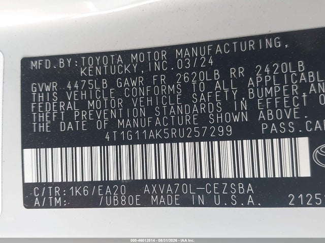 Продажа на аукционе авто 2024 Toyota Camry Se, vin: 4T1G11AK5RU257299, номер лота: 46012514