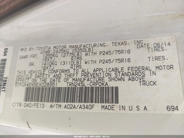 2014 Toyota Tacoma მანქანა იყიდება აუქციონზე, vin: 5TFUX4EN5EX028951, აუქციონის ნომერი: 46012515