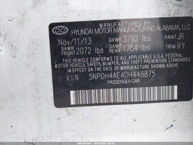 Продажа на аукционе авто 2013 Hyundai Elantra Limited, vin: 5NPDH4AE4DH448875, номер лота: 46012517