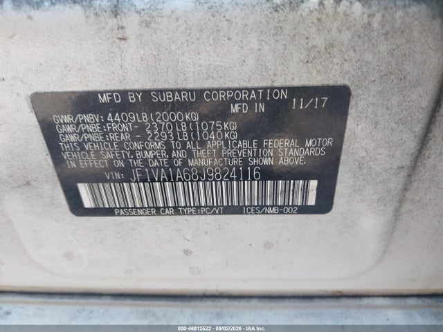 Aukcja sprzedaży 2018 Subaru Wrx, vin: JF1VA1A68J9824116, numer aukcji: 46012522