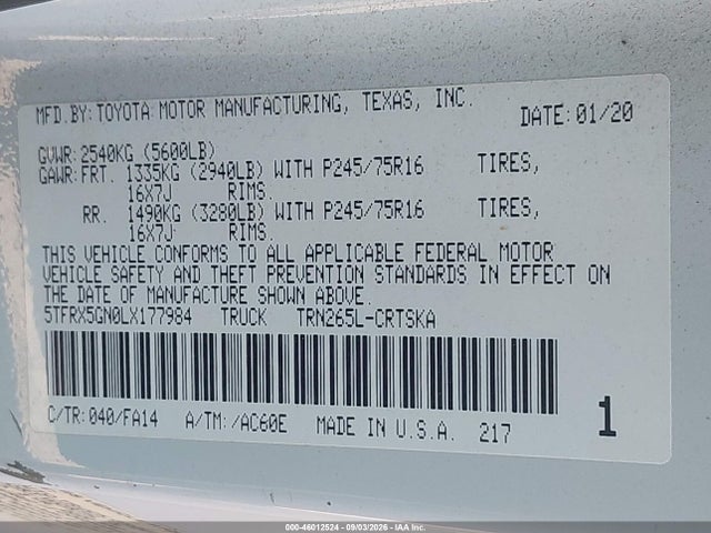 2020 Toyota Tacoma Sr მანქანა იყიდება აუქციონზე, vin: 5TFRX5GN0LX177984, აუქციონის ნომერი: 46012524