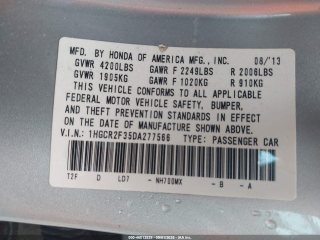 2013 Honda Accord Lx მანქანა იყიდება აუქციონზე, vin: 1HGCR2F35DA277566, აუქციონის ნომერი: 46012528