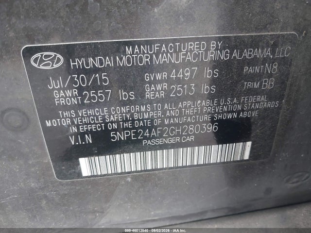 5NPE24AF2GH280396 Hyundai SONATA SE