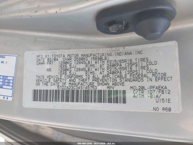 Aukcja sprzedaży 2004 Toyota Sienna Le, vin: 5TDZA23C34S145753, numer aukcji: 46012545