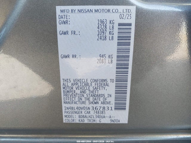 1N4BL4DV0SN367831 Nissan Altima Sv Fwd