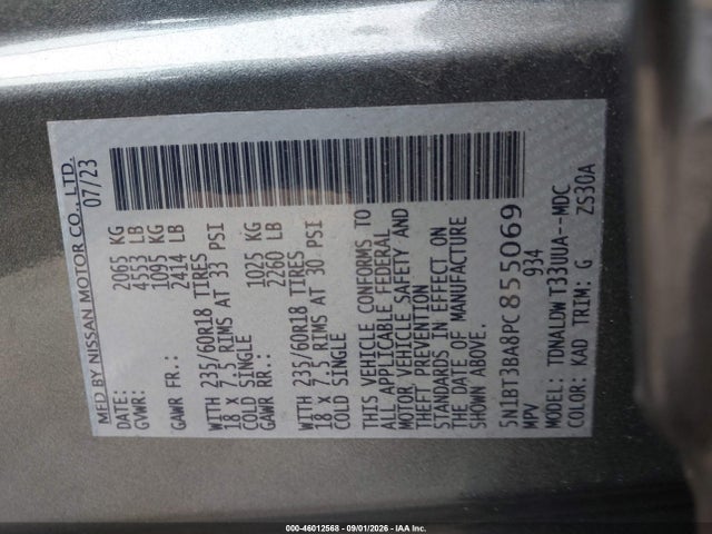 46012568 :رقم المزاد ، 5N1BT3BA8PC855069 vin ، 2023 Nissan Rogue Sv Fwd مزاد بيع