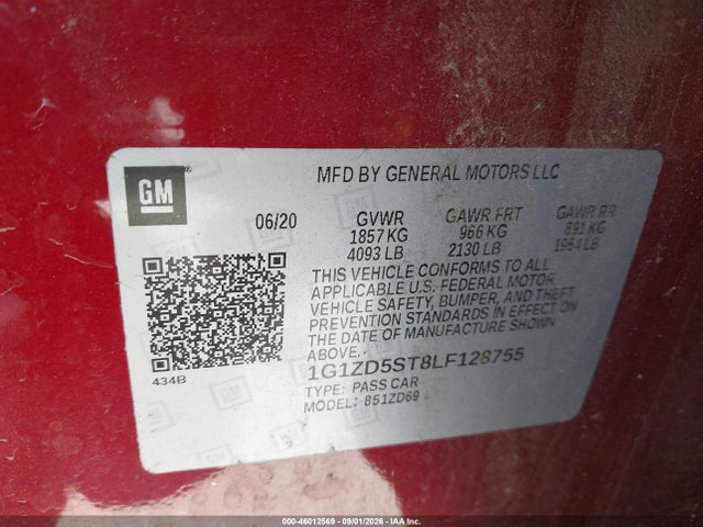Aukcja sprzedaży 2020 Chevrolet Malibu Fwd Lt, vin: 1G1ZD5ST8LF128755, numer aukcji: 46012569