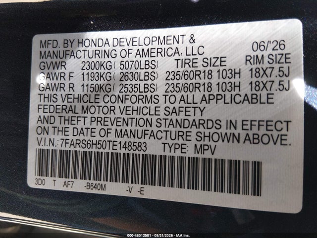 2026 Honda Cr-v Hybrid Awd Sport მანქანა იყიდება აუქციონზე, vin: 7FARS6H50TE148583, აუქციონის ნომერი: 46012581
