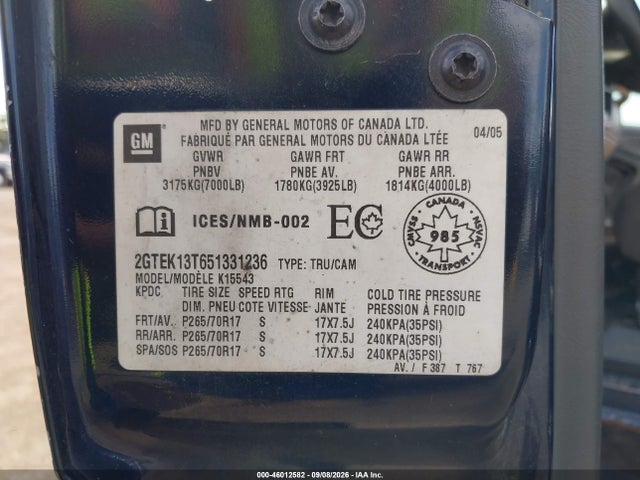 46012582 :رقم المزاد ، 2GTEK13T651331236 vin ، 2005 Gmc Sierra 1500 Sle/slt مزاد بيع