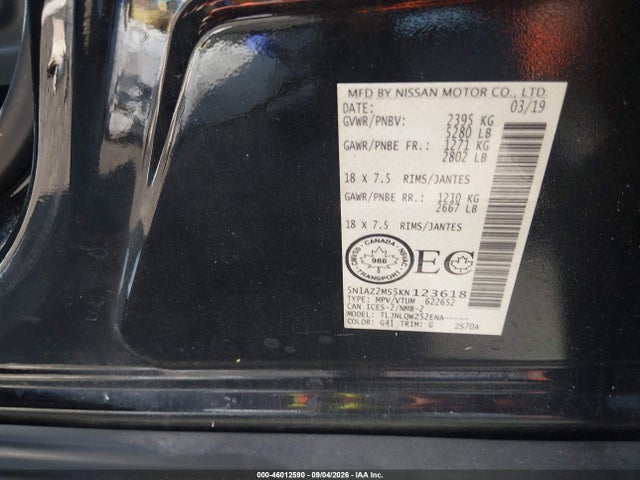 46012590 :رقم المزاد ، 5N1AZ2MS5KN123618 vin ، 2019 Nissan Murano Platinum/s/sl/sv مزاد بيع