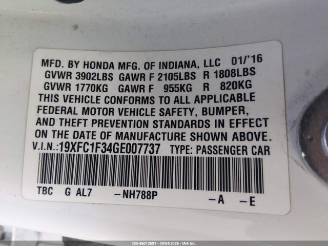 2016 Honda Civic Ex-t მანქანა იყიდება აუქციონზე, vin: 19XFC1F34GE007737, აუქციონის ნომერი: 46012591