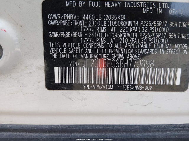 Aukcja sprzedaży 2011 Subaru Forester 2.5x Limited, vin: JF2SHBEC6BH779698, numer aukcji: 46012599