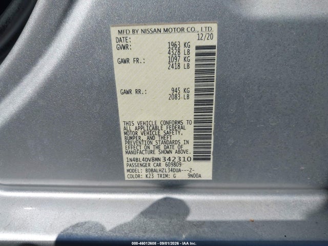 Продаж на аукціоні авто 2021 Nissan Altima Sv Fwd, vin: 1N4BL4DV8MN342310, номер лоту: 46012608