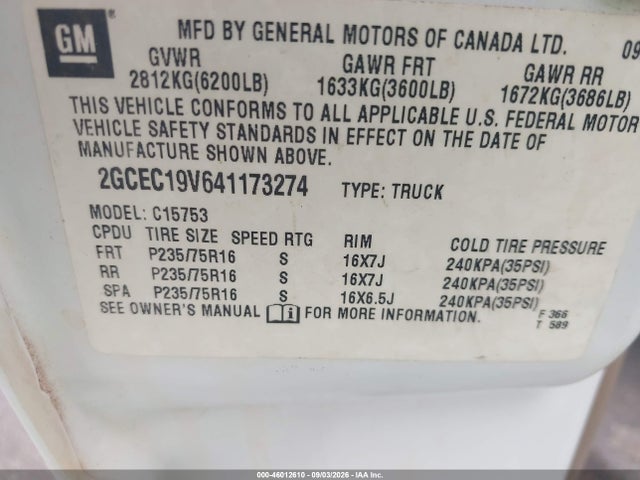 46012610 :رقم المزاد ، 2GCEC19V641173274 vin ، 2004 Chevrolet Silverado 1500 Ls مزاد بيع