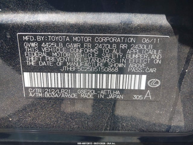 Продаж на аукціоні авто 2011 Lexus Is 250, vin: JTHBF5C25B5150868, номер лоту: 46012612