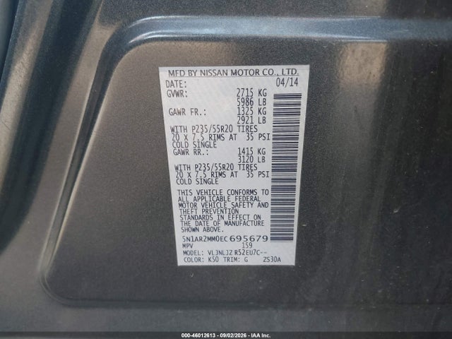 Продаж на аукціоні авто 2014 Nissan Pathfinder Platinum, vin: 5N1AR2MM0EC695679, номер лоту: 46012613