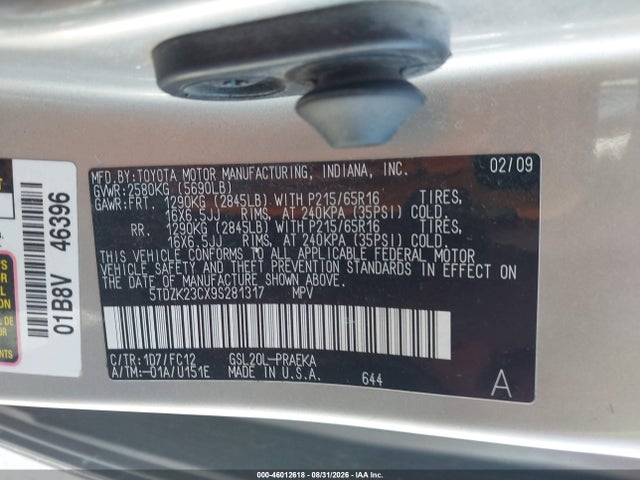 Aukcja sprzedaży 2009 Toyota Sienna Le, vin: 5TDZK23CX9S281317, numer aukcji: 46012618