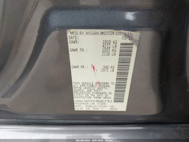 Aukcja sprzedaży 2015 Nissan Altima 2.5 S, vin: 1N4AL3AP2FN906791, numer aukcji: 46012634