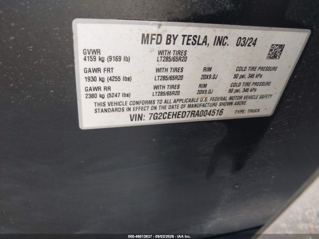 46012637 :رقم المزاد ، 7G2CEHED7RA004516 vin ، 2024 Tesla Cybertruck مزاد بيع