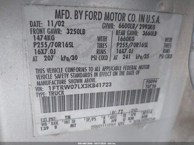 Aukcja sprzedaży 2003 Ford F-150 Lariat/xlt, vin: 1FTRW07LX3KB41723, numer aukcji: 46012646