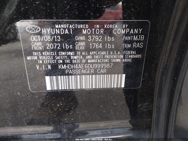 46012665 :رقم المزاد ، KMHDH4AE6DU999987 vin ، 2013 Hyundai Elantra Gls مزاد بيع