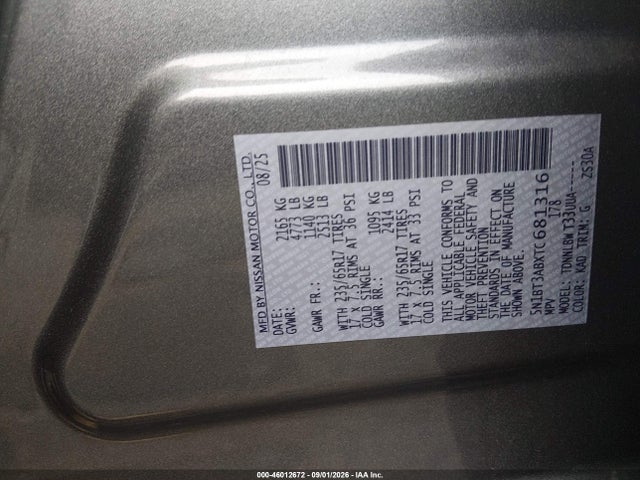 Aukcja sprzedaży 2026 Nissan Rogue S, vin: 5N1BT3ABXTC681316, numer aukcji: 46012672