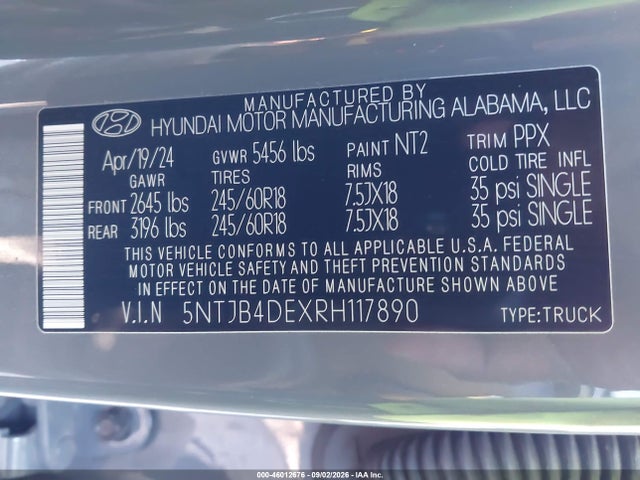 2024 Hyundai Santa Cruz Sel მანქანა იყიდება აუქციონზე, vin: 5NTJB4DEXRH117890, აუქციონის ნომერი: 46012676
