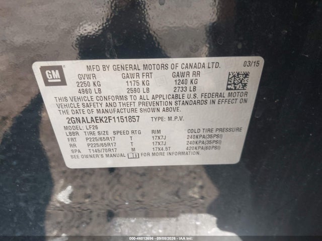 46012696 :رقم المزاد ، 2GNALAEK2F1151857 vin ، 2015 Chevrolet Equinox Ls مزاد بيع
