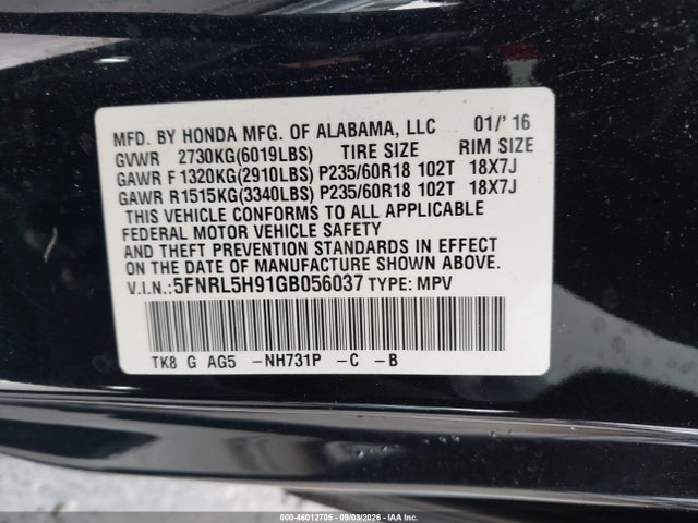 46012705 :رقم المزاد ، 5FNRL5H91GB056037 vin ، 2016 Honda Odyssey Touring/touring Elite مزاد بيع