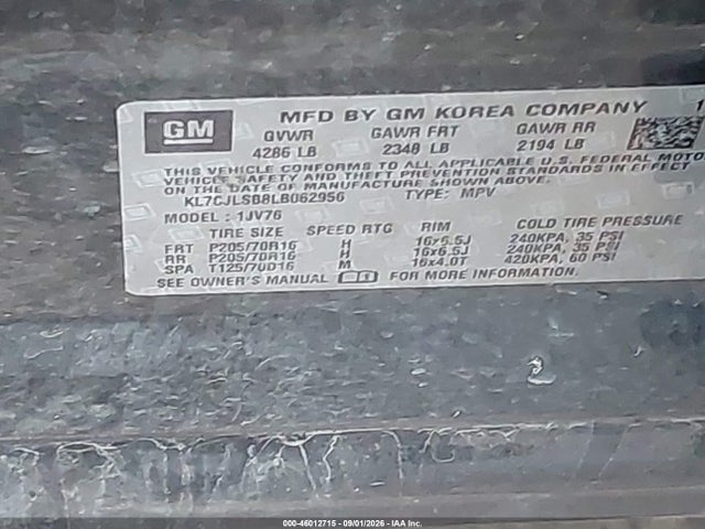 Продажа на аукционе авто 2020 Chevrolet Trax Fwd Lt, vin: KL7CJLSB8LB062956, номер лота: 46012715