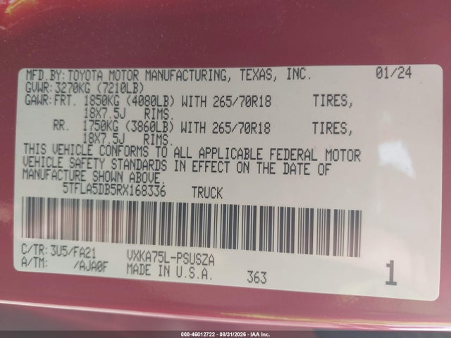 Toyota Tundra Sr5 2024 5TFLA5DB5RX168336 Image 9