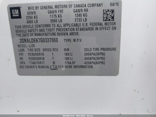 Продаж на аукціоні авто 2016 Chevrolet Equinox Ltz, vin: 2GNALDEK7G6337660, номер лоту: 46012738