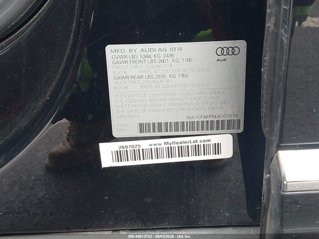 46012742 :رقم المزاد ، WA1CFAFP5EA107076 vin ، 2014 Audi Q5 2.0t Premium مزاد بيع