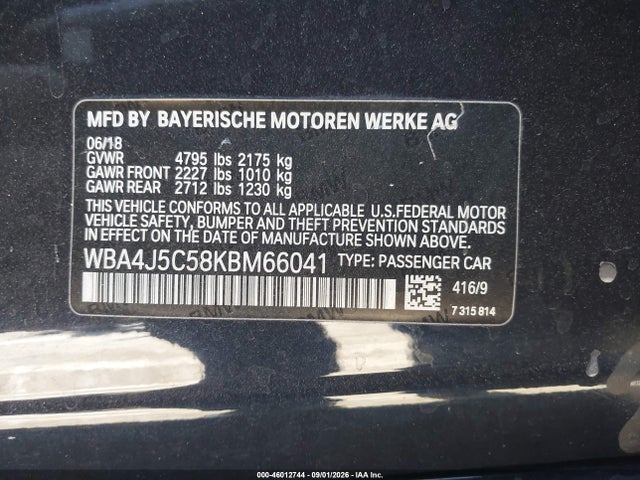 Auction sale of the 2019 Bmw 440i Gran Coupe, vin: WBA4J5C58KBM66041, lot number: 46012744