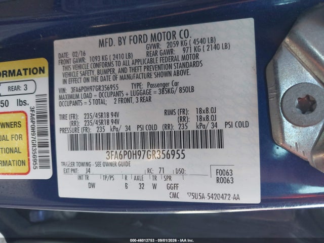 2016 Ford Fusion Se მანქანა იყიდება აუქციონზე, vin: 3FA6P0H97GR356955, აუქციონის ნომერი: 46012753